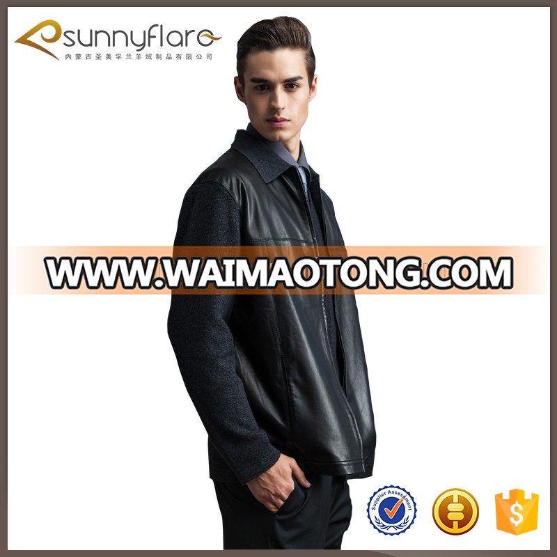 2017 new fashion men knitting pure cashmere with leather cardigan